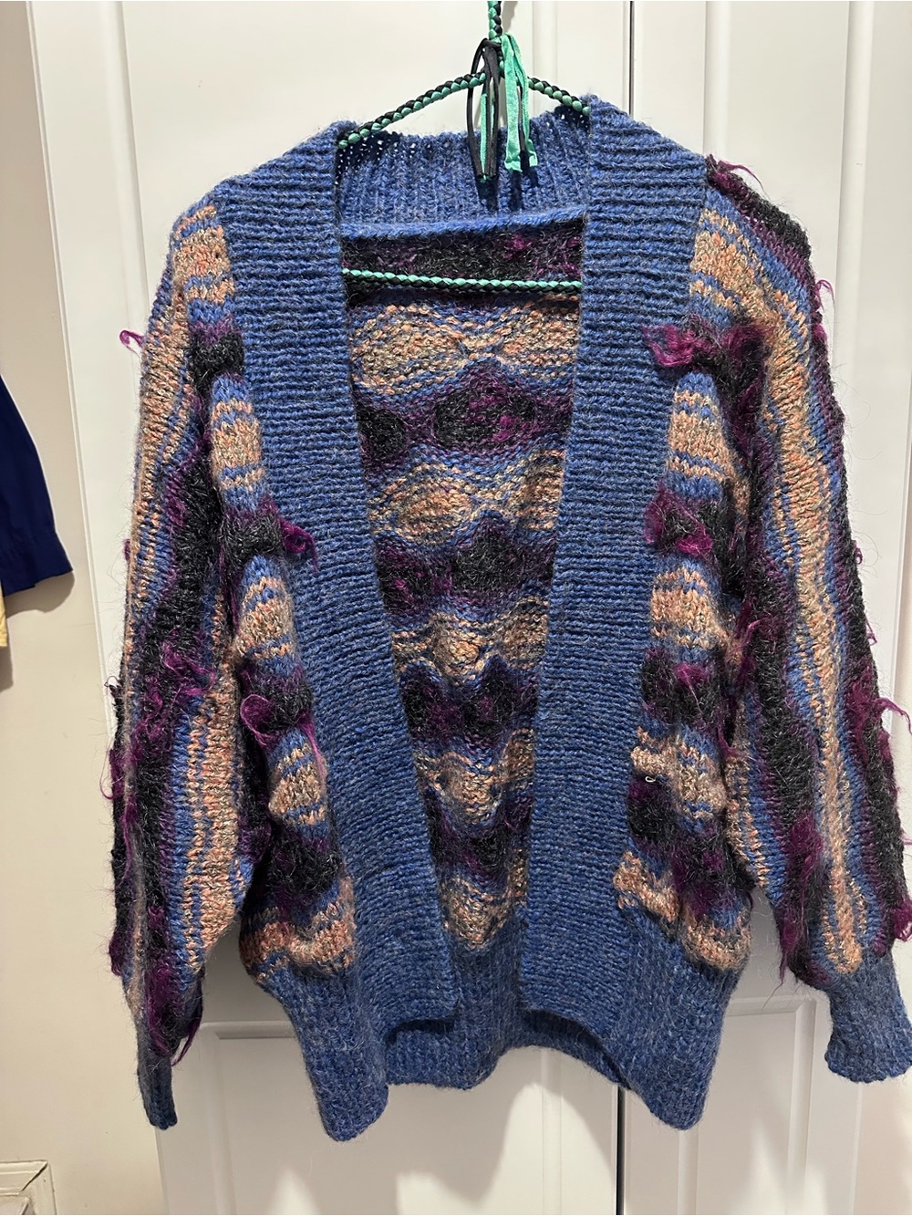 Hand Crafted Funky Sweater Textured Striped Blue Free Size Cardigan